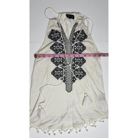Topshop White Black Tassel Hem Top With Embroidery Design Size 4 - Picture 2 of 10